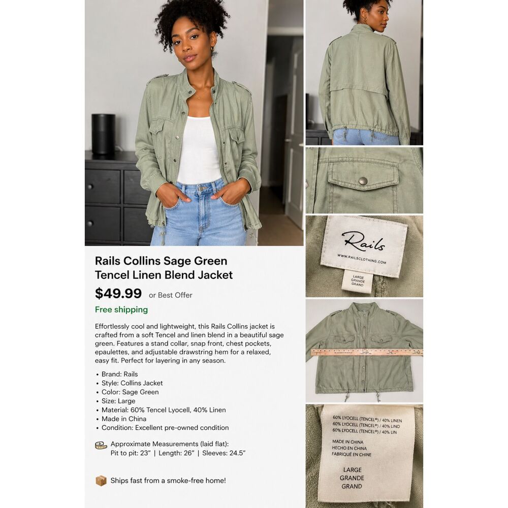 Rails Utility Jacket Women Large Green Tencel Linen Lightweight Spring SnapFront